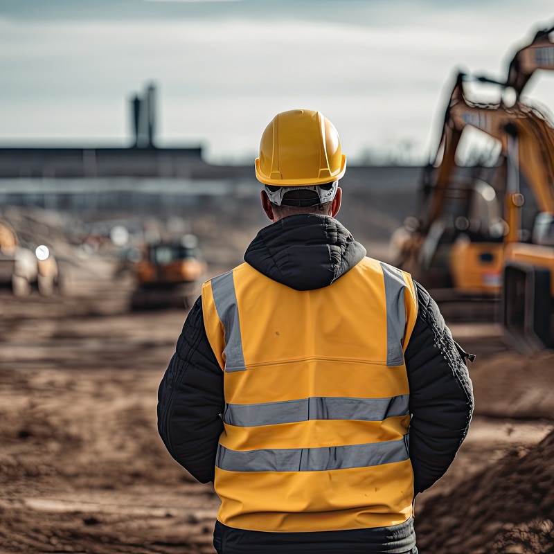 Chef de chantier BTP : sécurité et supervision des travaux Chef de chantier, casque jaune et gilet de sécurité, observant des engins de travaux sur un grand site de BTP poussiéreux.